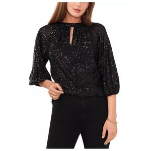 Vince Camuto Raglan Sleeve Keyhole Sequine Blouse‎ Size 2X Black Glamour Party